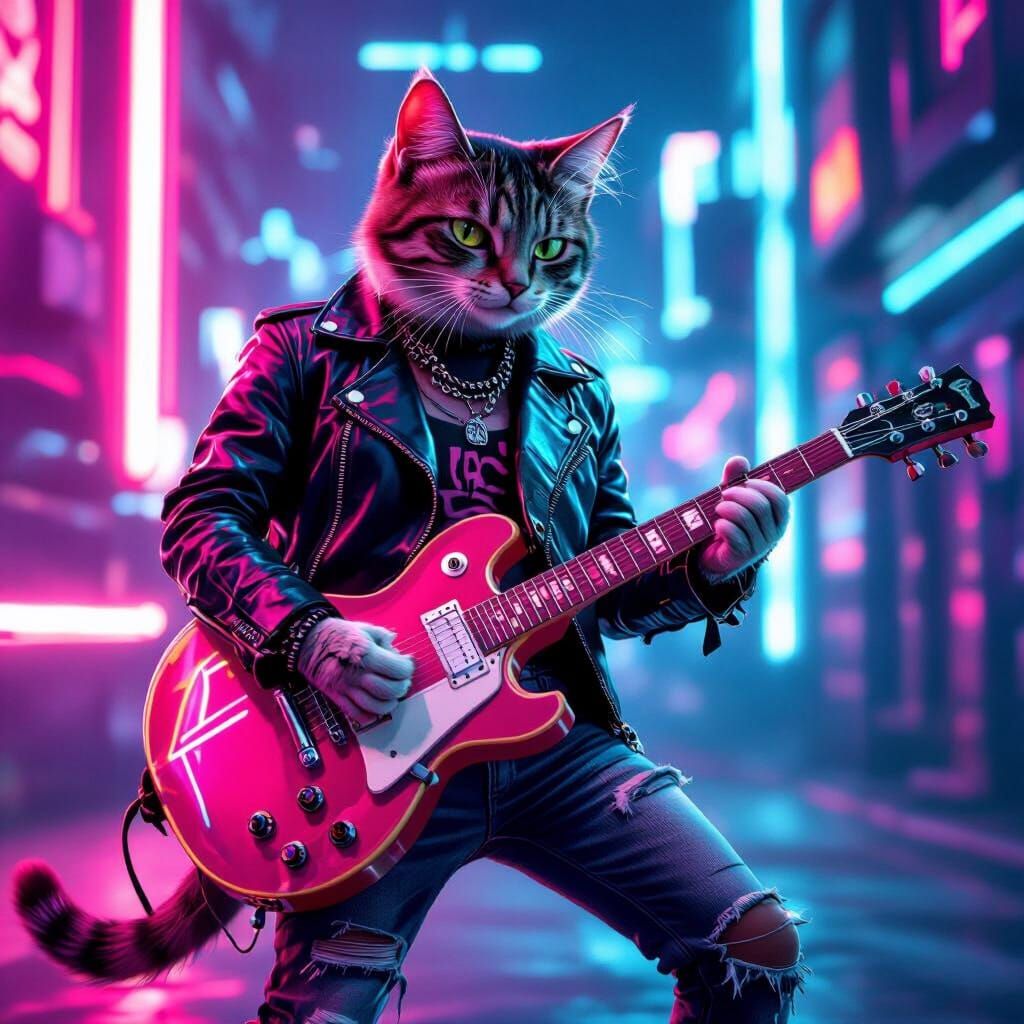 Punk Rock Cat Guitarist in Retrowave Neon Style