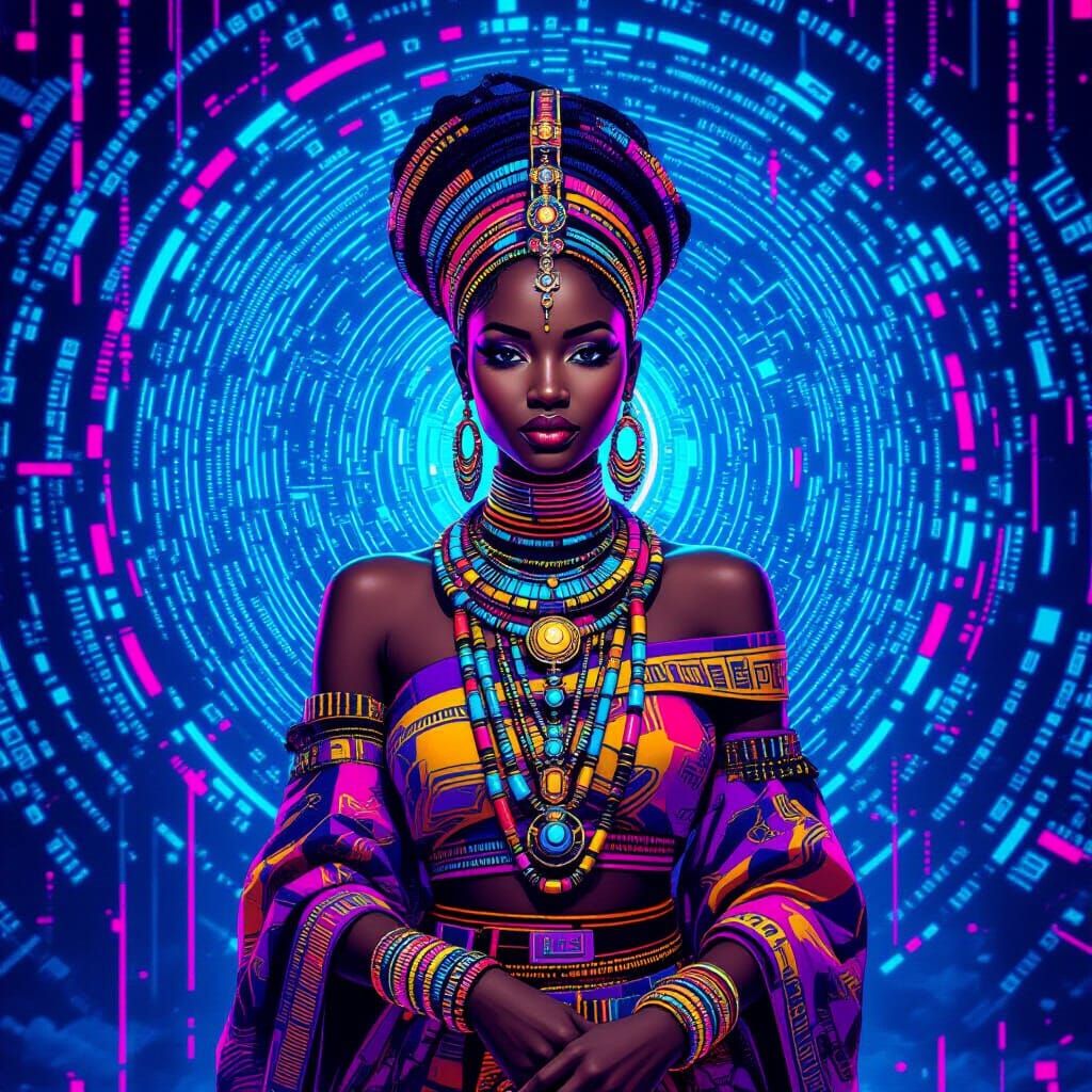 Swahili Goddess in Cyberpunk Neon Landscape