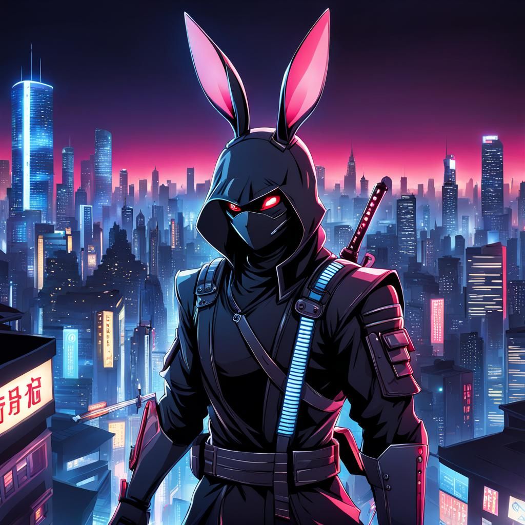 Cyber Rabbit Ninja Leaping Through Neon City