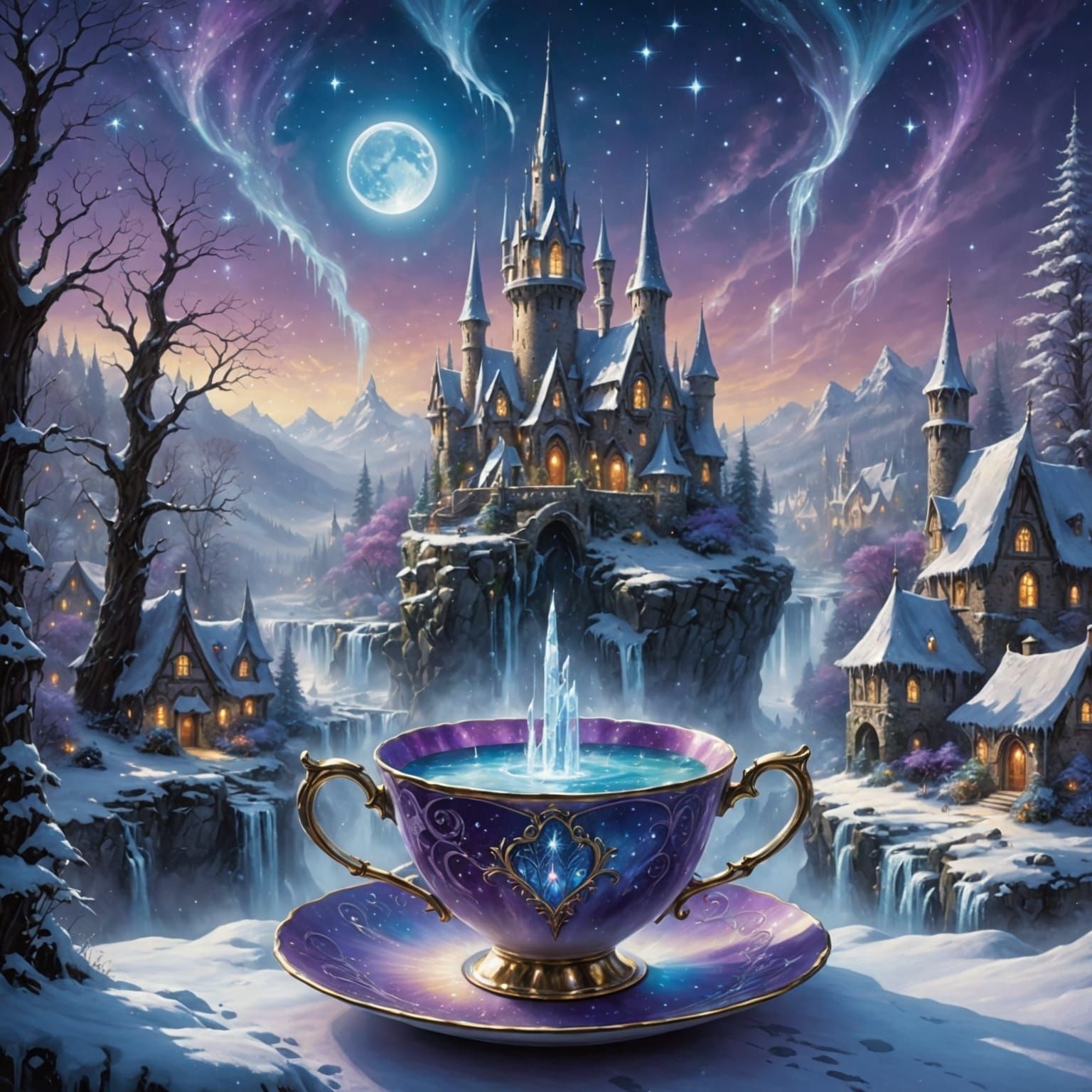 Ethereal Elven Village Under Sparkling Teacup Fountain