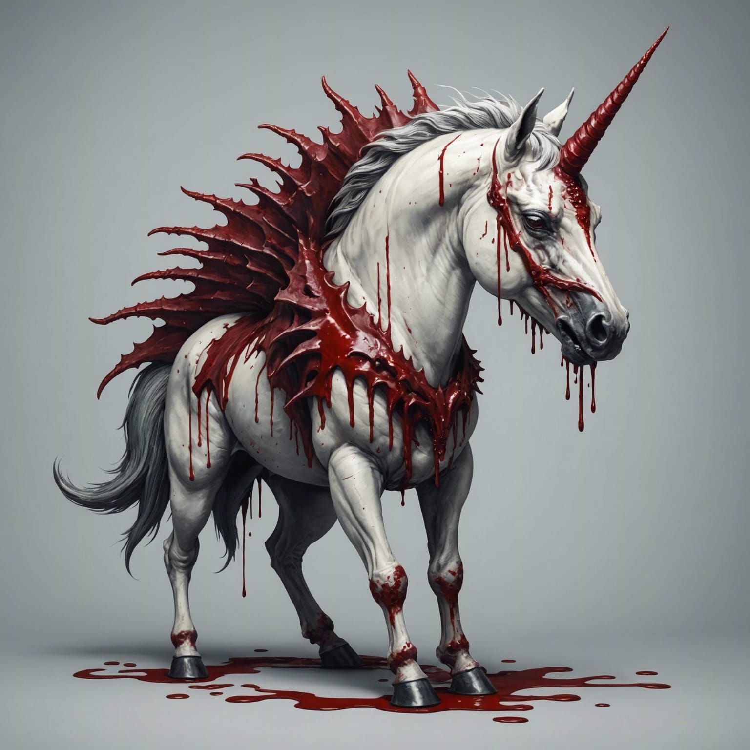 six-legged evil unicorn, blood dripping from its jagged horn