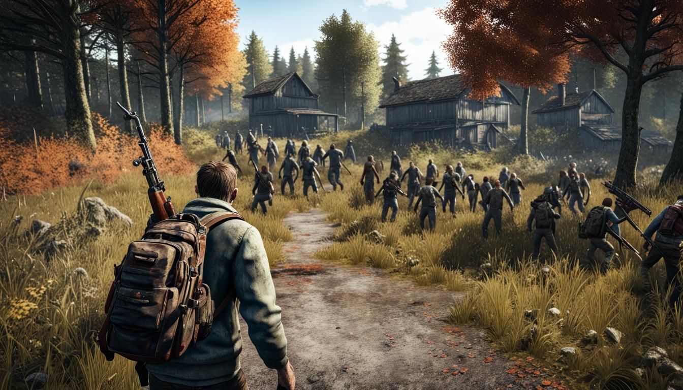 an DayZ adventure, over-the-shoulder view, highly detailed, hyper realistic, 8k resolution, reflections, survivor holdin...