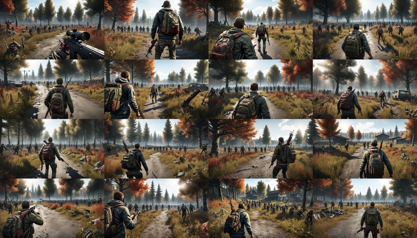 an DayZ adventure, over-the-shoulder view, highly detailed, hyper realistic, 8k resolution, reflections, survivor holdin...