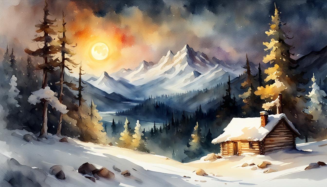 Snowy Mountain Pines Landscape in Watercolor Style