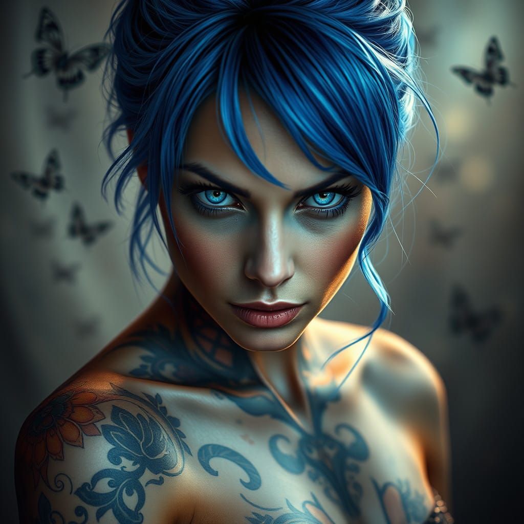Enigmatic Woman in Electric Blue Hair and Tattoos, with Ethe...