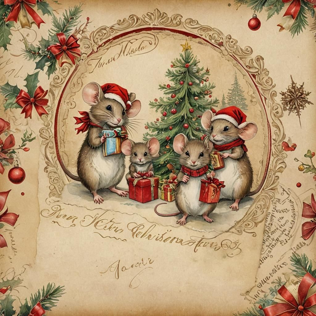 Vintage Christmas Mice Family Watercolor Illustration