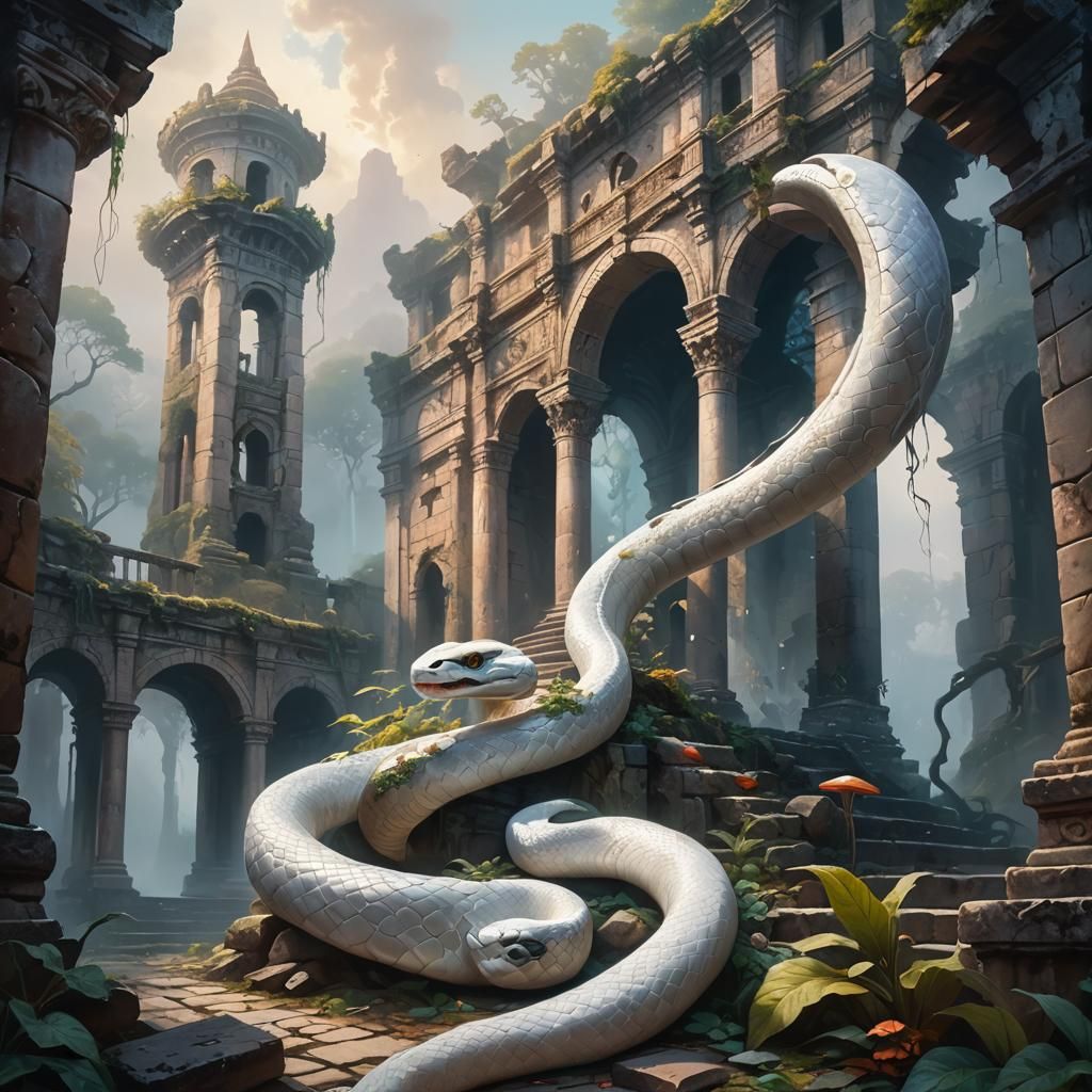 White Snake in Ancient Ruins: Fantasy Oil Painting