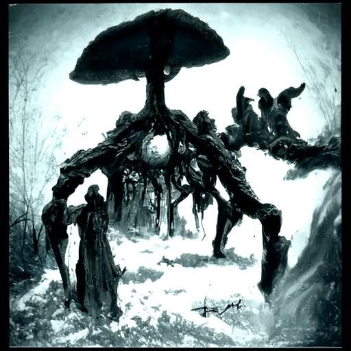 Horror Forest: Mushroom Trees and Cabin in Doré Style
