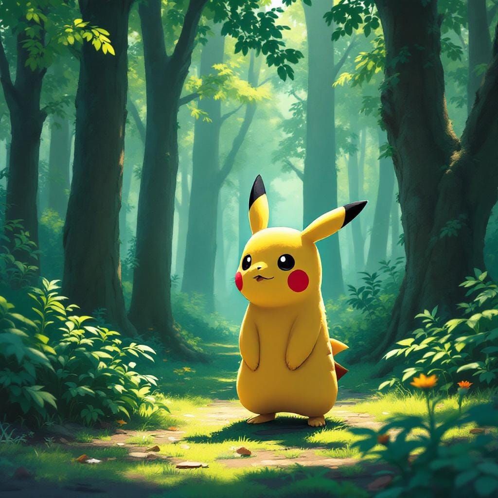 Pikachu in Viridian Forest: Animated Fantasy Art