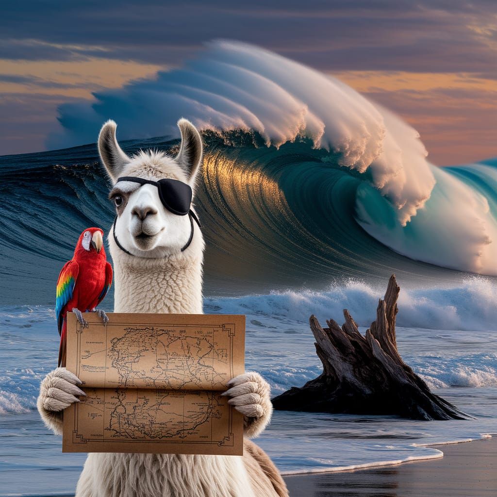 Cartoon Llama Pirate on Stormy Sea Adventure