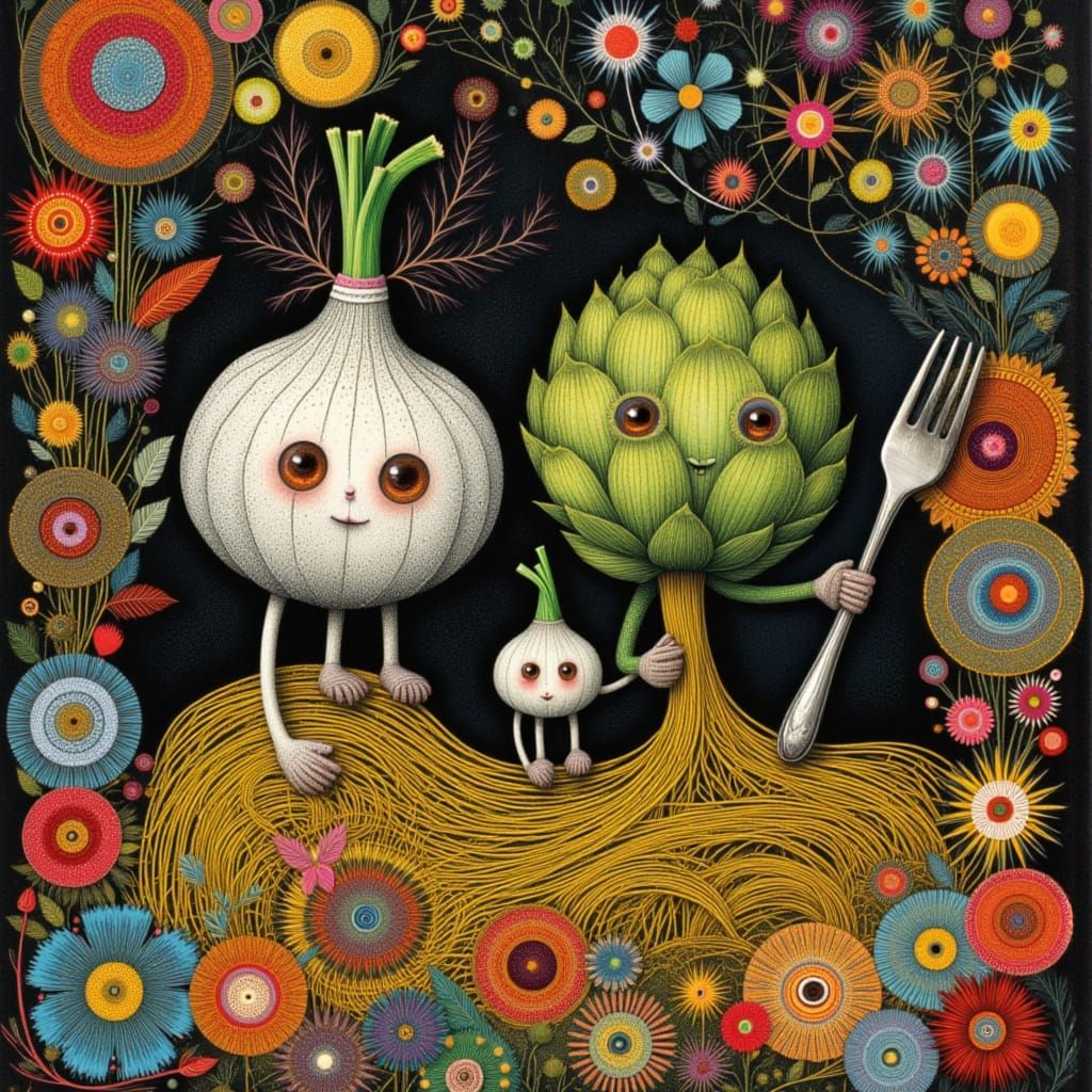 Anthropomorphic Garlic and Artichoke in Spaghetti Chaos