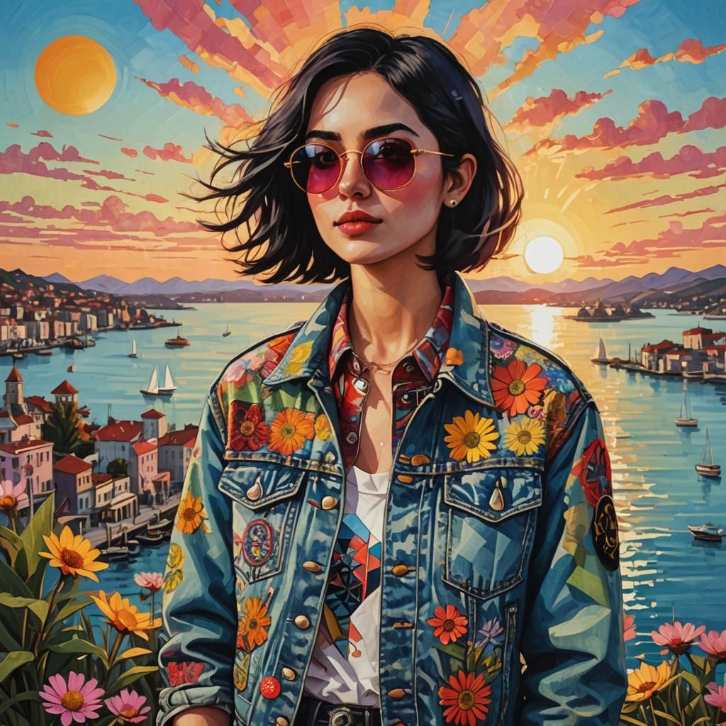 Sunset Fashion: Psychedelic Neo-Impressionist Portrait