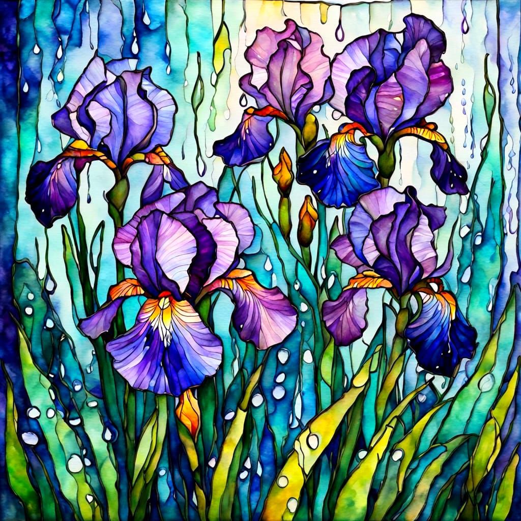 alcohol ink, stained glass irises in rain watercolor
