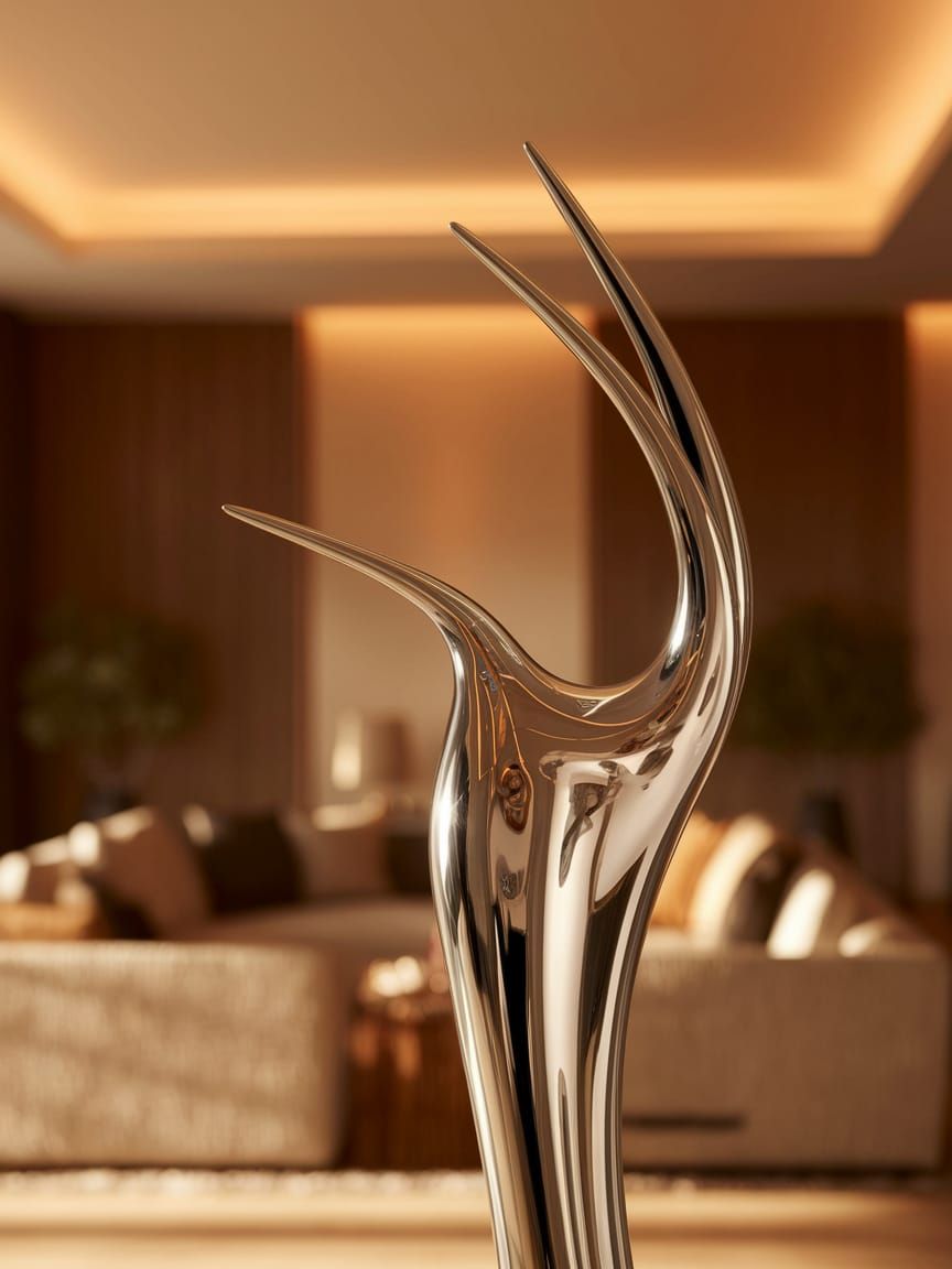 Gleaming Chrome Statue Under Golden Light