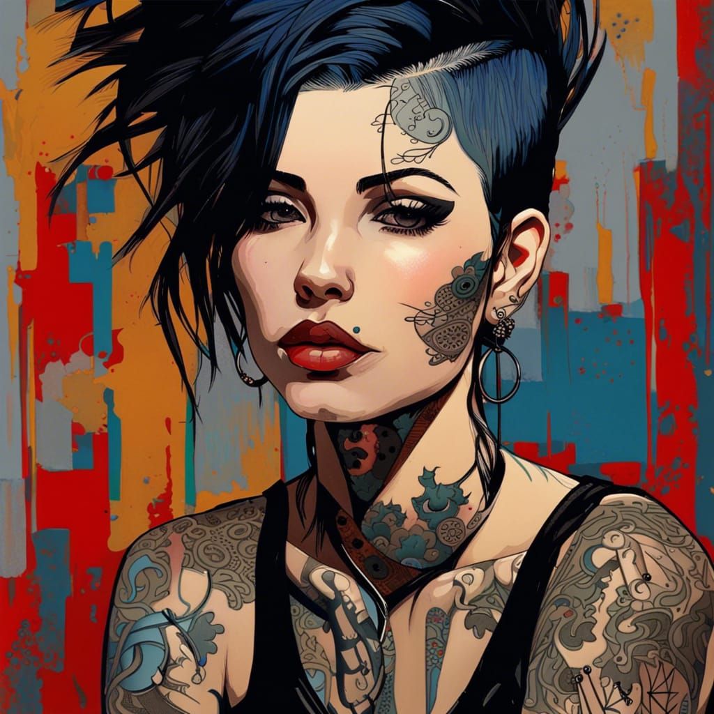 Punk Tattooed Girl in Oil Painting Style