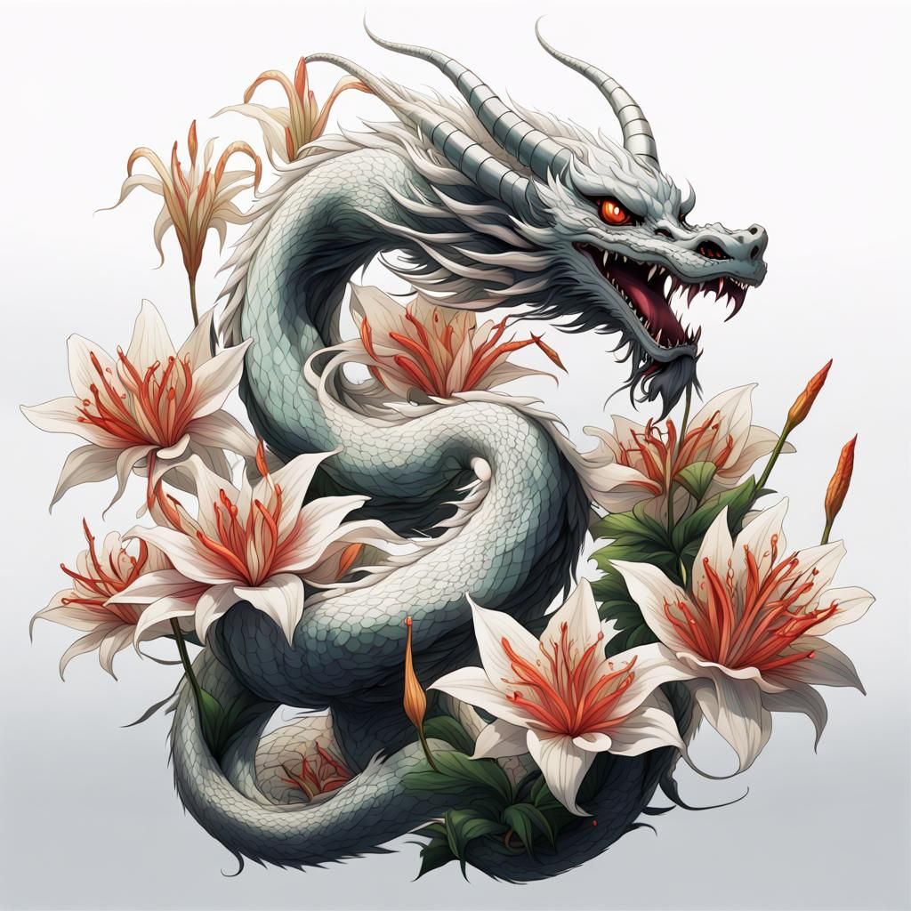 White Dragon Among Spider Lilies: Ghibli Anime Art