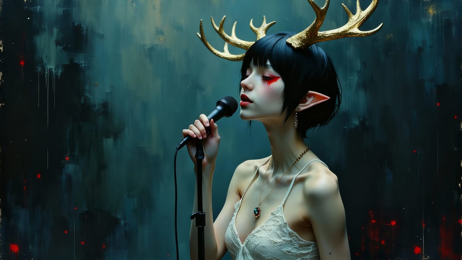 Backdoor Sings on Stage in Dark Oil Paint Style