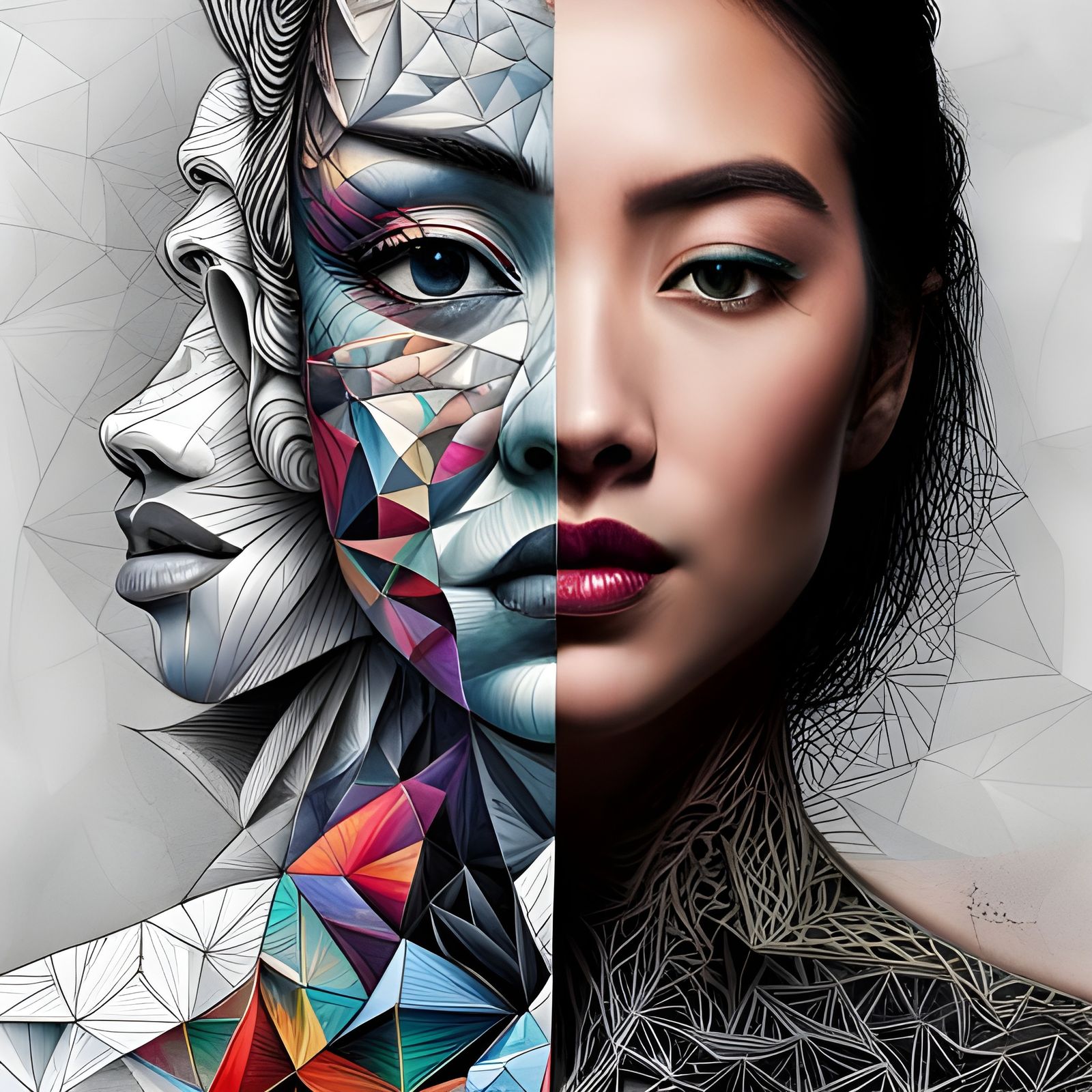 Surreal Fractal Portrait of Asian Women in Mixed Media