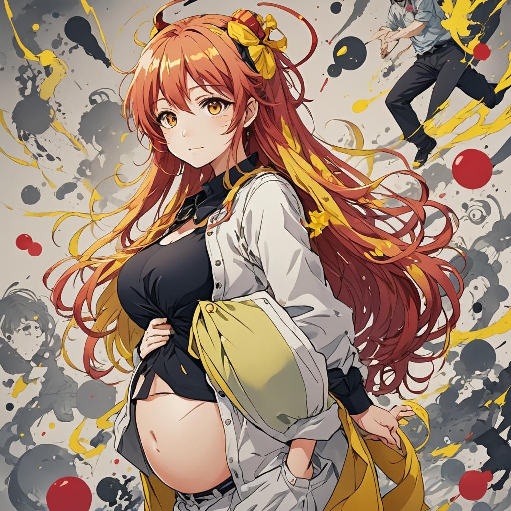 Pregnant Anime Character with Red and Yellow Hair