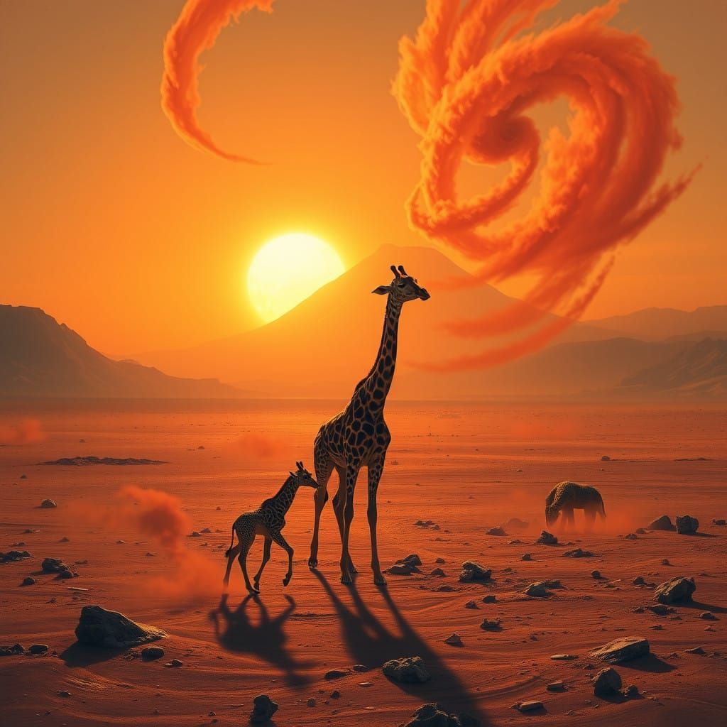 Majestic Martian Giraffe and Cub in Dreamlike Airbrush Art