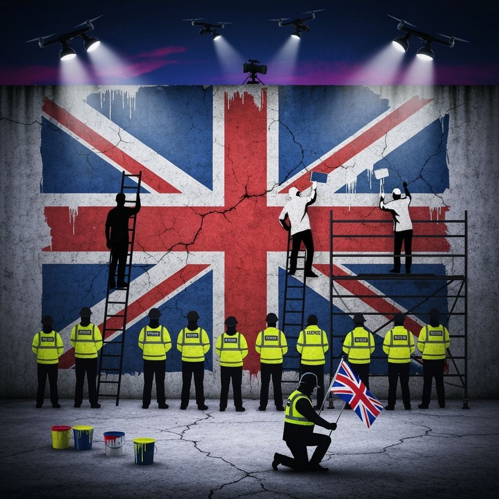 Banksy-Style Mural: Union Jack Overpainted Under Neon Sky