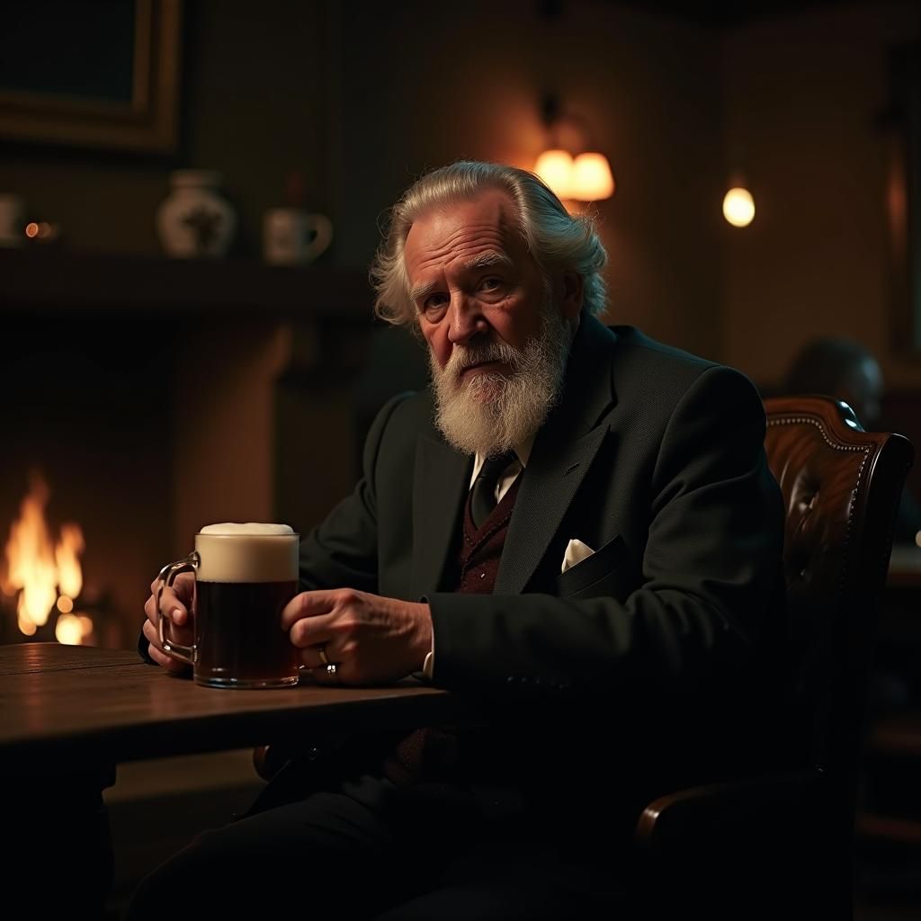 Monochromatic Pub Scene: Elderly Man with Beer