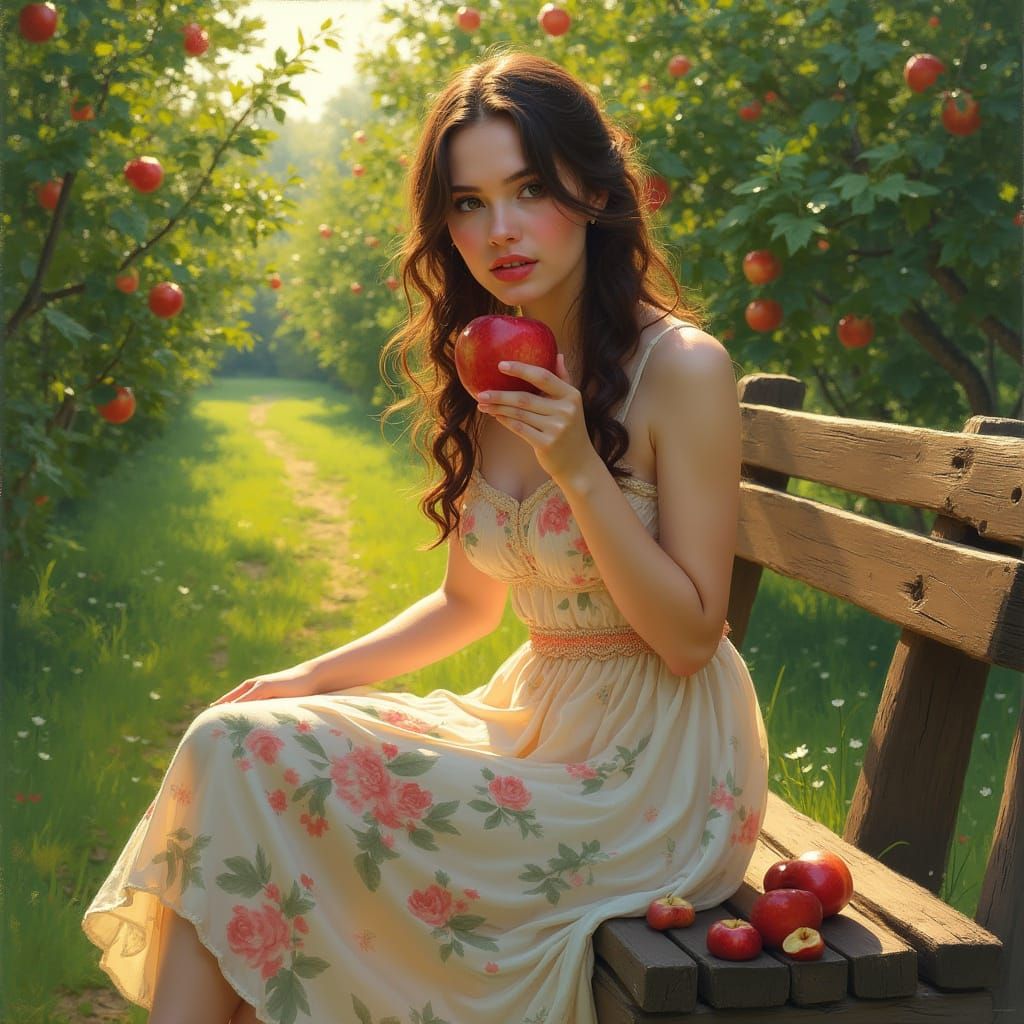 Woman in Whimsical Orchard Scene