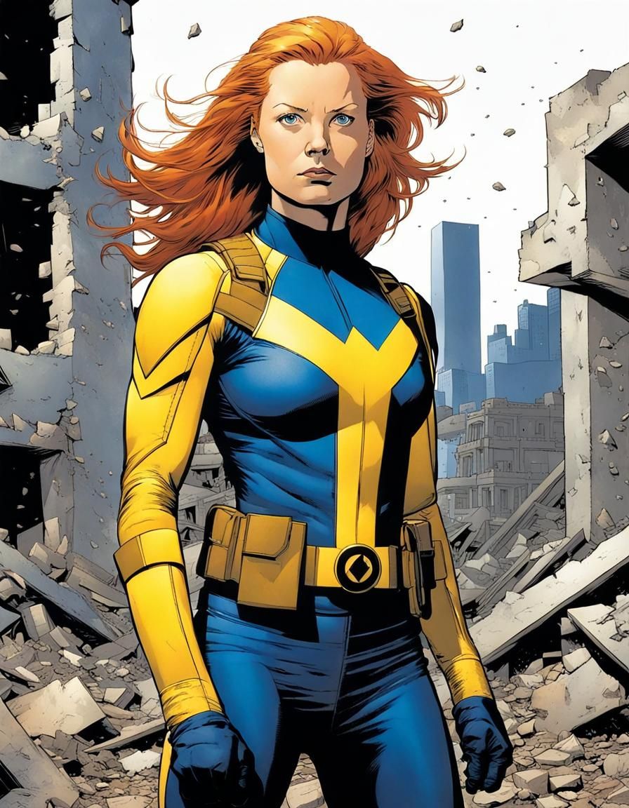 Ginger Superhero in Ruined City, Comic Book Style