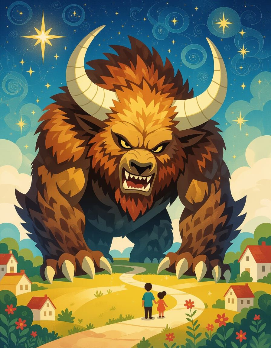 Gentle Beast Protecting Village in Surrealist Painting