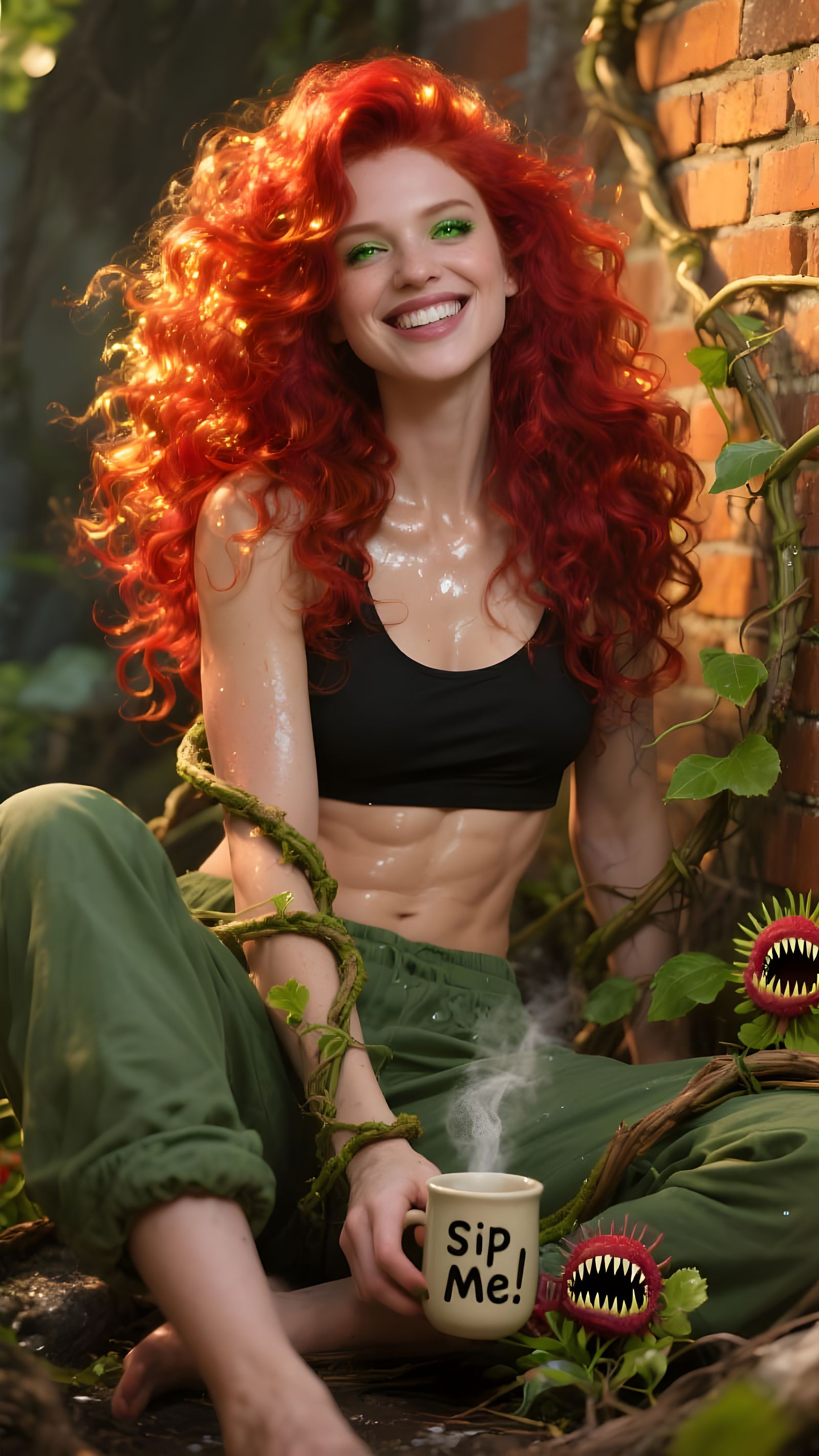 Red Haired Woman Radiating Energy Amidst Lush Vines
