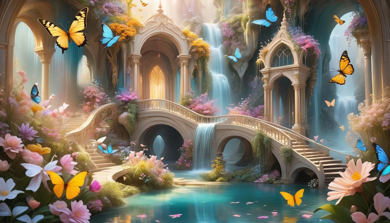 Ethereal fantasy realm, intricate surreal architecture, flowing waterfalls, vibrant floral gardens