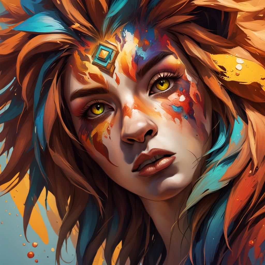 Hyperrealistic Lion Girl Portrait in Splash Art Style
