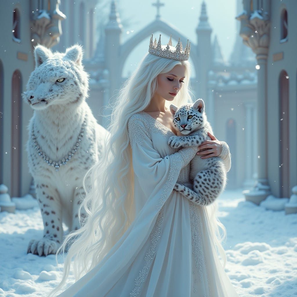 Regal Woman with Snow Leopard and White Dragon in Winter Won...