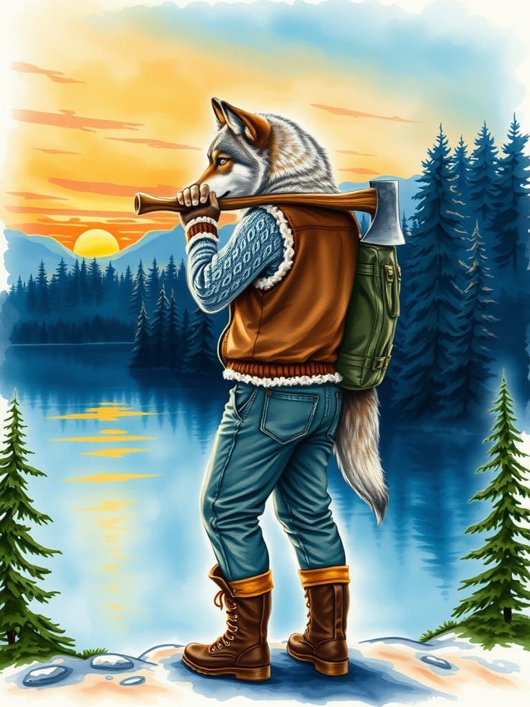 Anthropomorphic Wolf in Sunset Coniferous Forrest