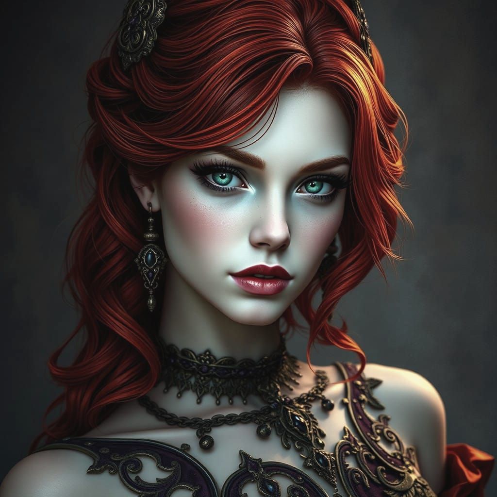 Stunning Photorealistic Portrait of a Red Haired Woman in Da...