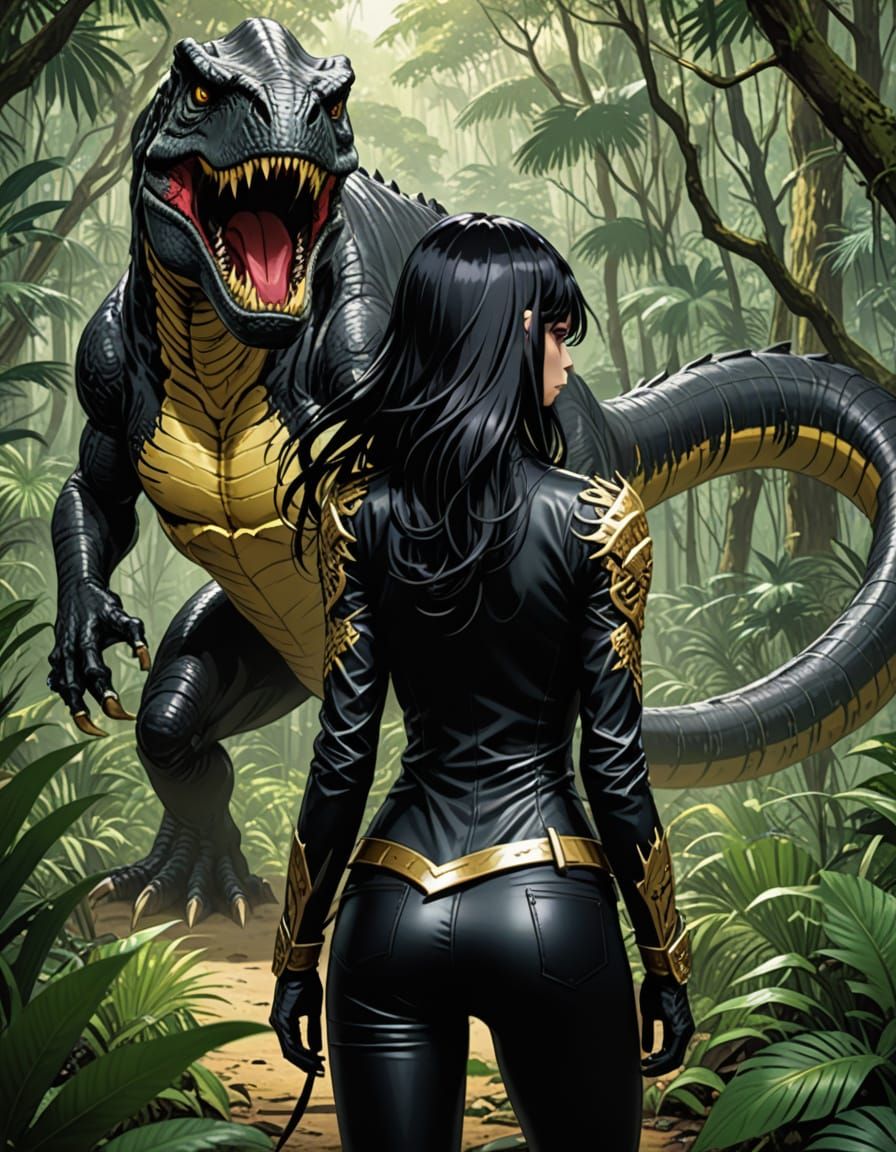 Woman Confronts T-Rex in Anime Style