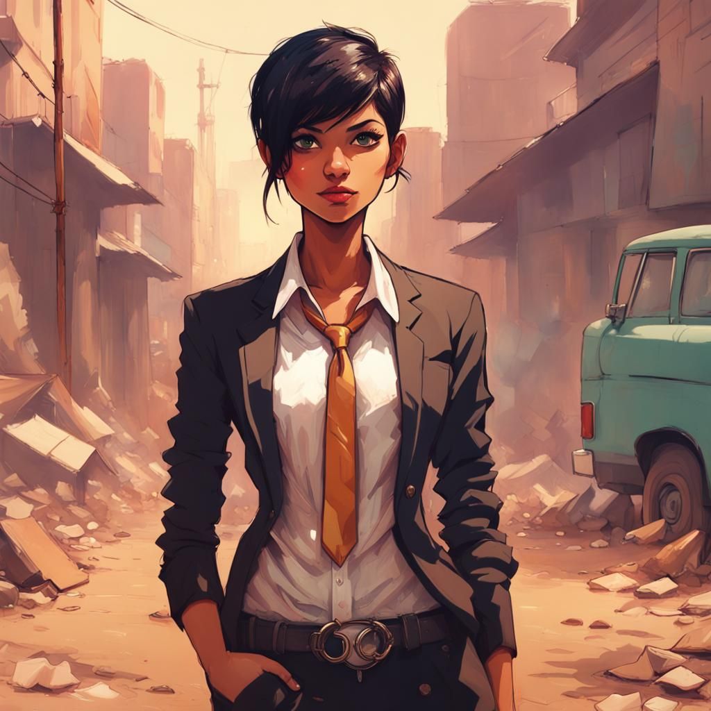 Young indian Woman, Survivor, Tuxedo, Fancy Suit, Short Pants, Fishnet Leggings, Smirking, Happy, Belt, Buckle, Necktie,...