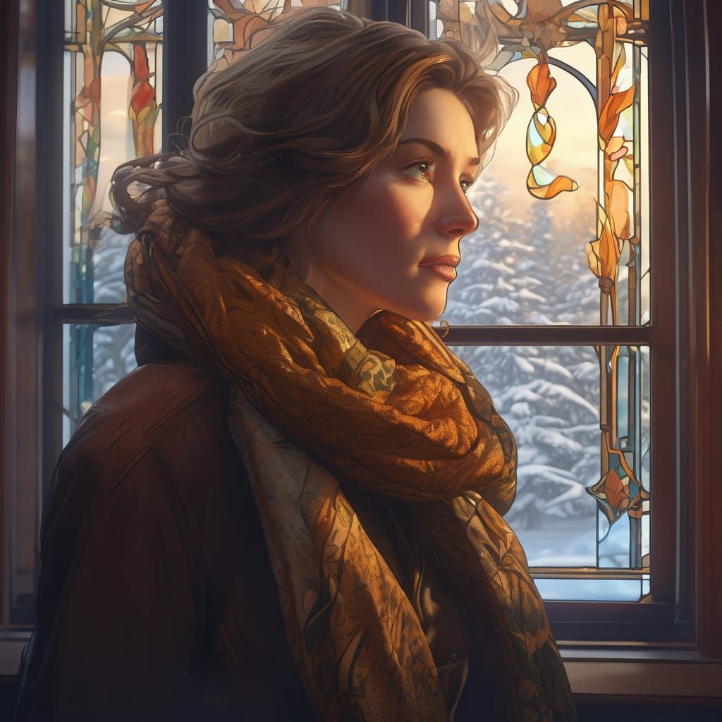 Surreal Woman Contemplating Frosty Winter Landscape in Hyper...