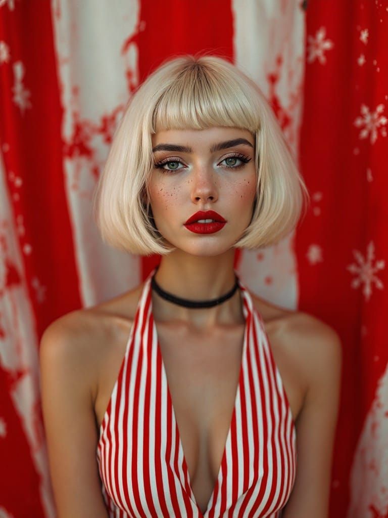 Cinematic Portrait: Woman with Platinum Blonde Bob and Red L...