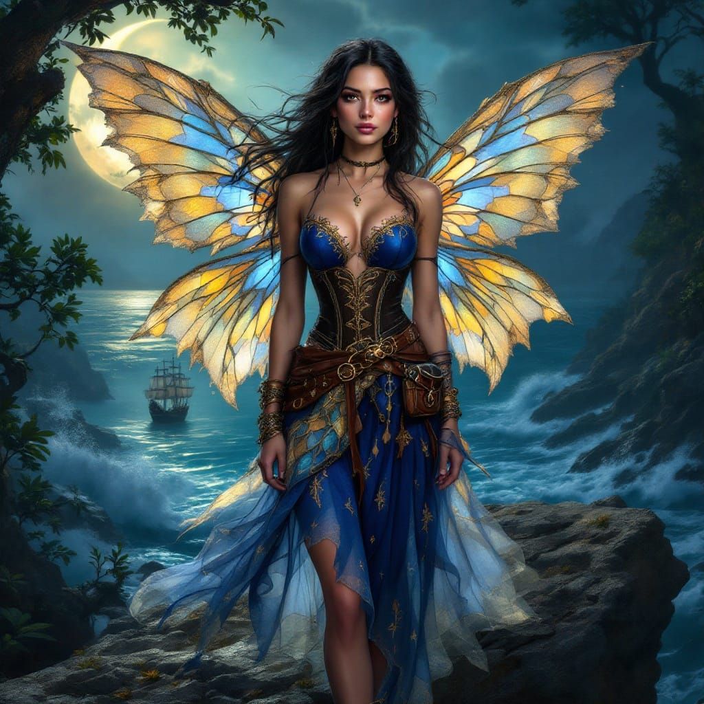 A graceful yet adventurous fairy pirate, blending ethereal beauty with a touch of daring mischief. Her delicate features...