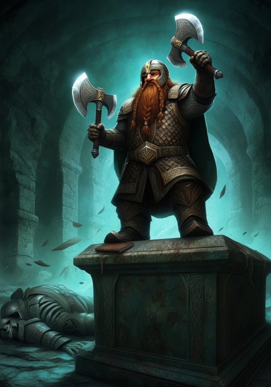 Gimli Stands Triumphant in Moria's Ruins