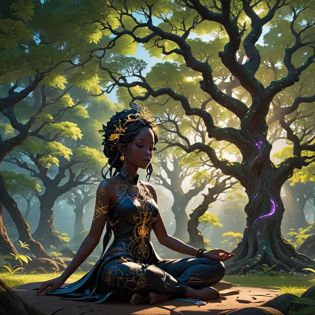 Meditative Anime Silhouette Beneath Tree of Life
