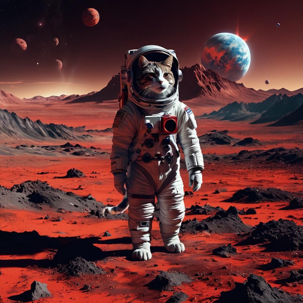 Astronaut Cat on Barren Red Planet in Dark Fantasy Style