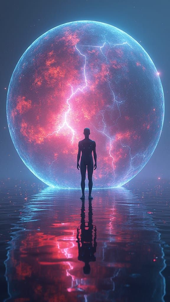 Futuristic Figure in Digital Landscape, Matte Painting Style