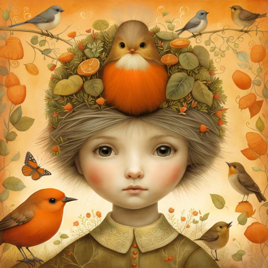 Robin Portrait: Detailed Storybook Collage Illustration