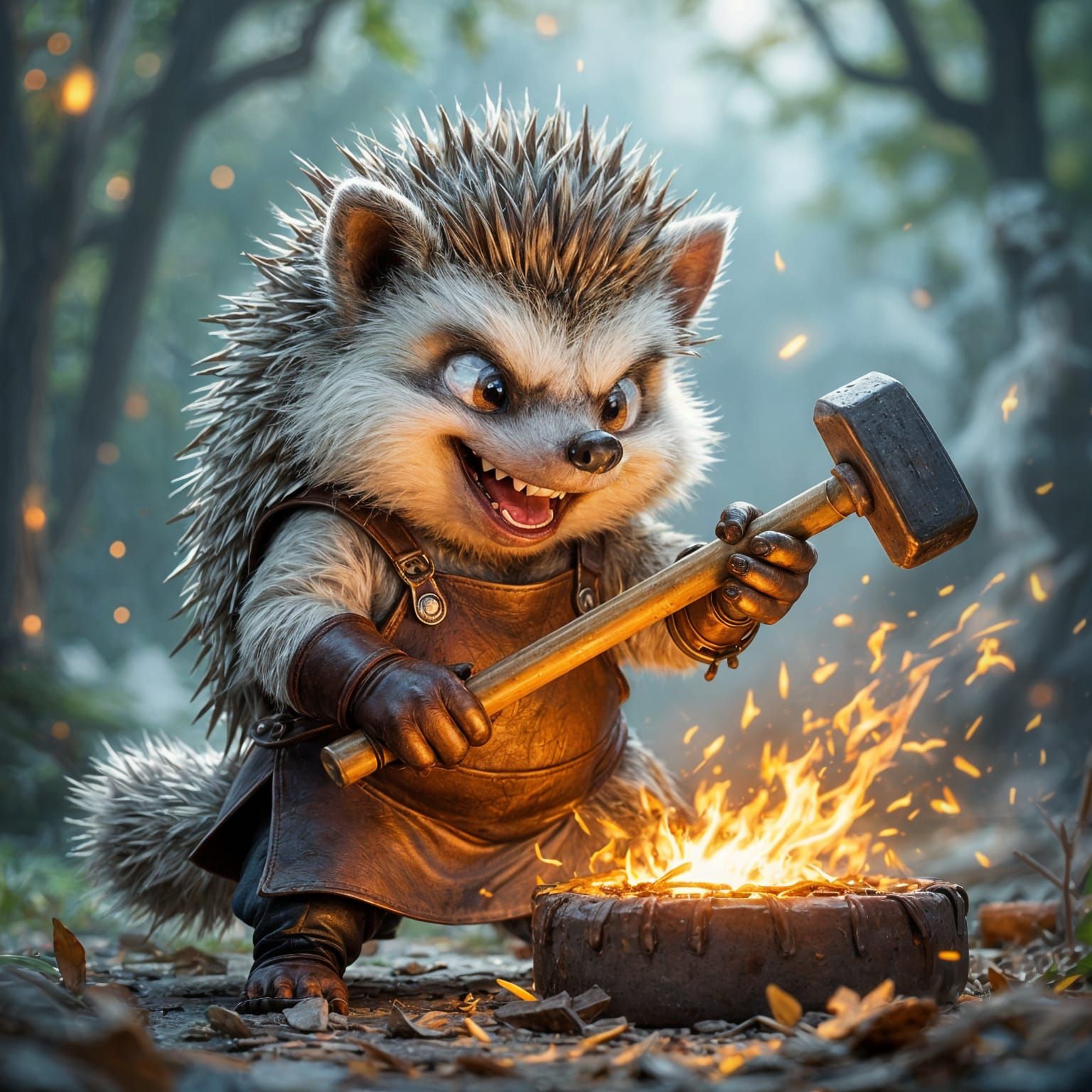 Anthropomorphic Hedgehog Blacksmith, Hyperdetailed Fantasy A...