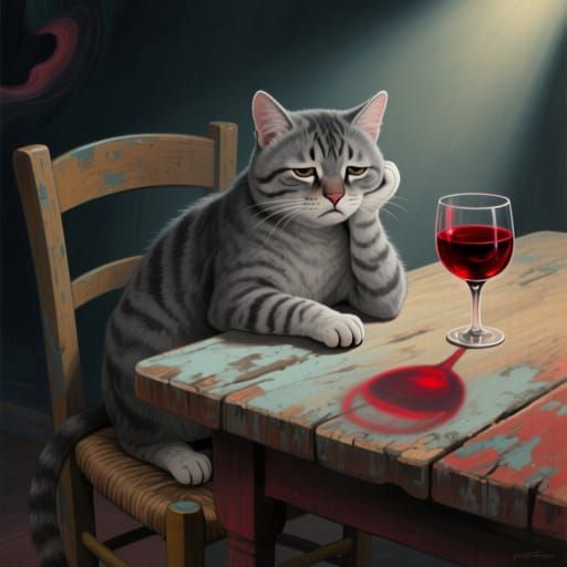 Sad Cat Drinks Wine in Moody Digital Art