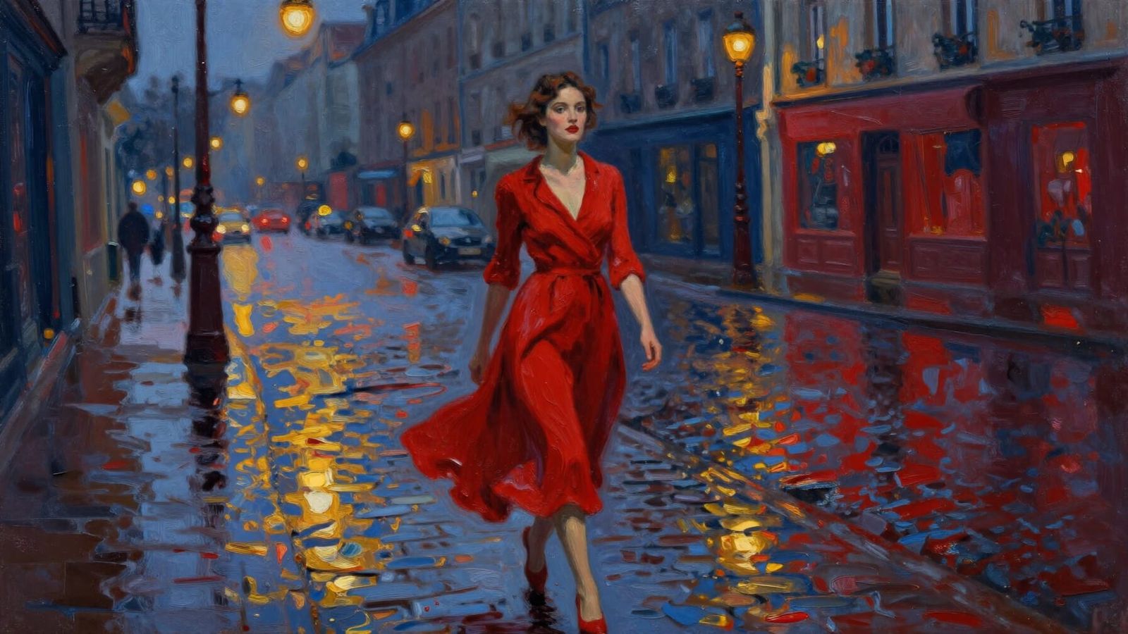 Woman in Red Paris Rain, Expressionist Palette Knife Style