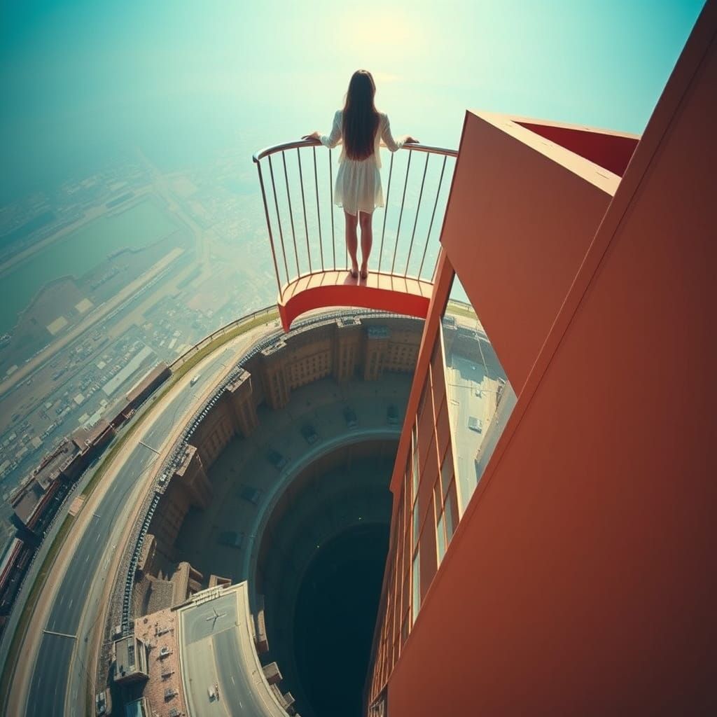Vertigo View: Woman on High Balcony in Photorealistic Style