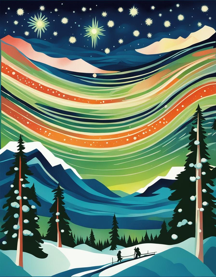 Northern Lights in Art Nouveau Style